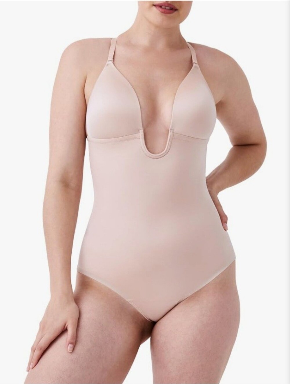 Spanx Low Back Plunge Thong Bodysuit Size Large NEW NWT Nude Beige Tan